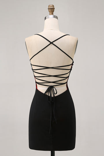 Black Bodycon Spaghetti Straps Short Homecoming Dress with Beading